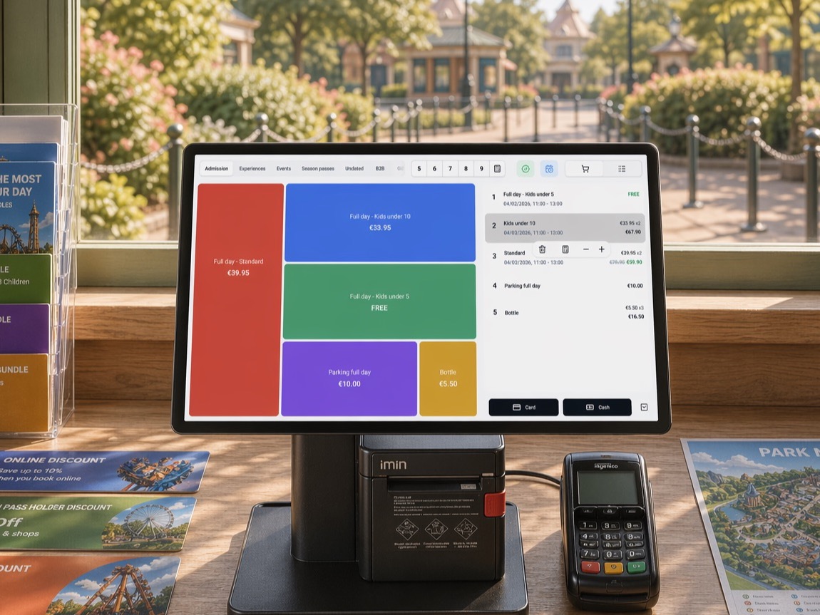 Convious POS terminal on a ticket-booth counter at a theme park